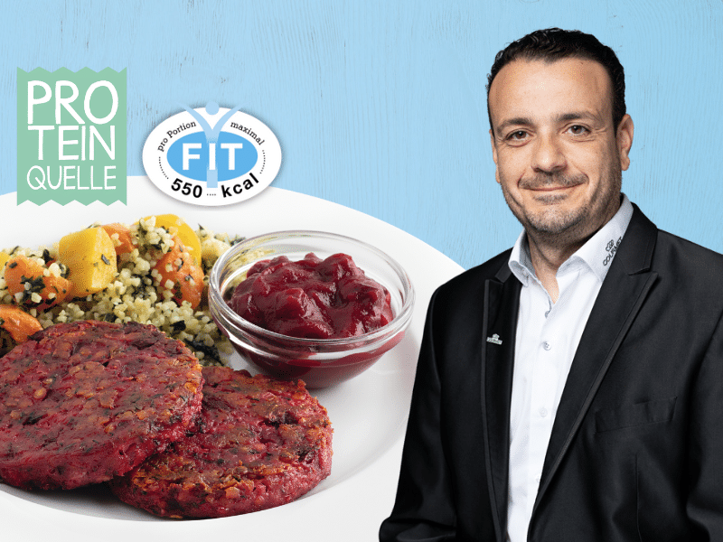 Alexander Leins von Gourmet Business mit dem Veggie Rote Rüben Burger mit Gemüsebulgur und Chutney