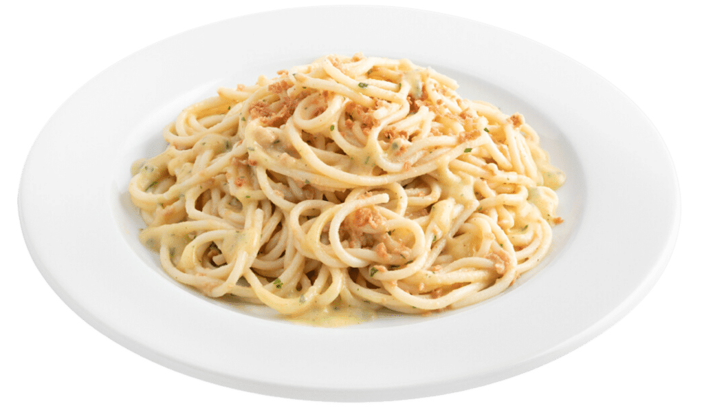 Spaghetti Carbonara vegan mit Speck aus Erbsenprotein (Artikelnummer 230 1782)